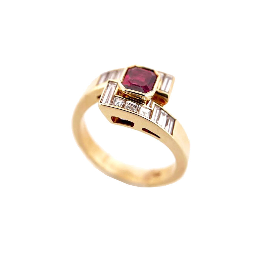 Capodagaglia Gold Gold Ring 18KT Thai Ruby 1,25ct og Baguette Princess Cutting Diamonds