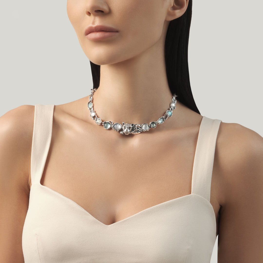 Collier Jaguar Bleu Giovanni Raspini - Collier en argent 925, nacre, cristal de roche et quartz - 12680