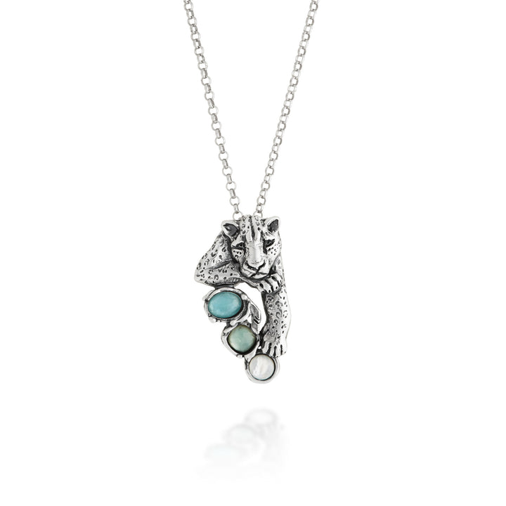 Pendentif Jaguar Bleu Giovanni Raspini - Collier en argent 925, nacre, cristal de roche et quartz - 12681