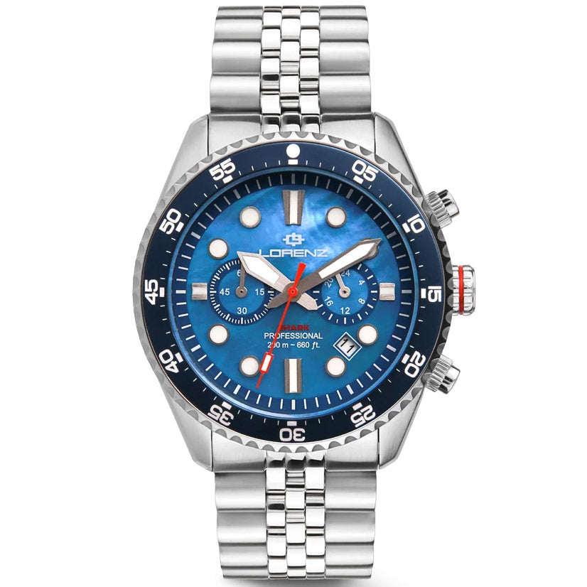 Lorenz Shark 5 Chrono-Uhr, 42 mm, Perlmutt, blauer Quarzstahl 030285BB
