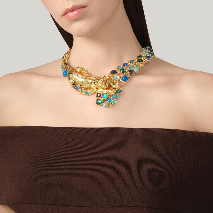 Giovanni Raspini Panthère Mirage Bleu Halskette 18 kt vergoldete Halskette, Natursteine und Edelsteine N0032