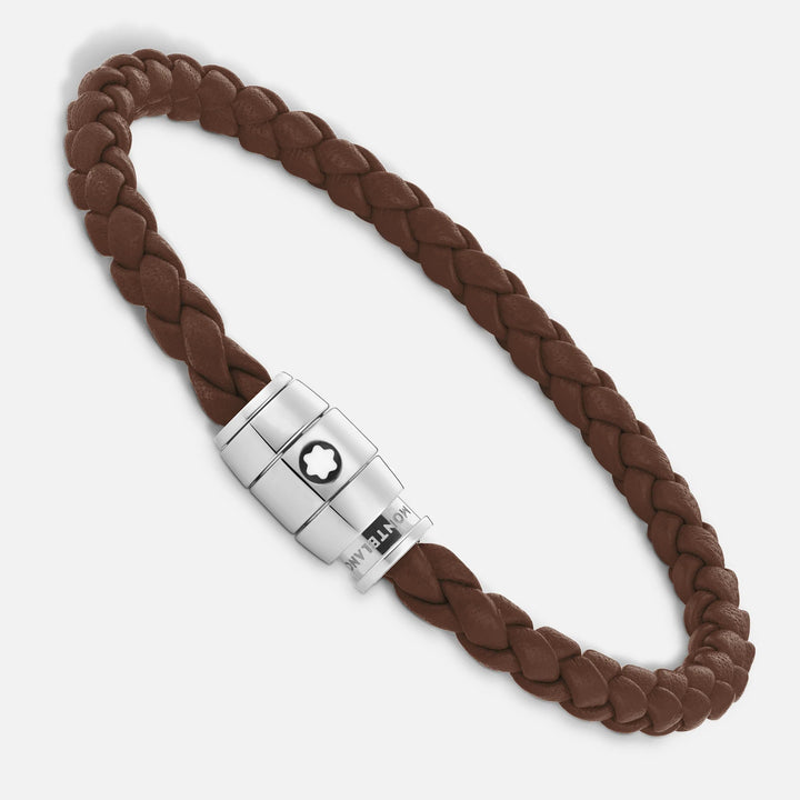 Bracelet Montblanc 3 anneaux en acier et cuir Meisterstück Brown Fawn taille M 13600163