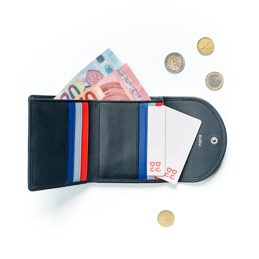 DUDU Kleine Damen-Geldbörse aus weichem Echtleder, Kartenfächer, Geldscheinhalter, Reißverschluss hinten für Münzen, RFID-Geldbörsen mit farbigem Knopfverschluss