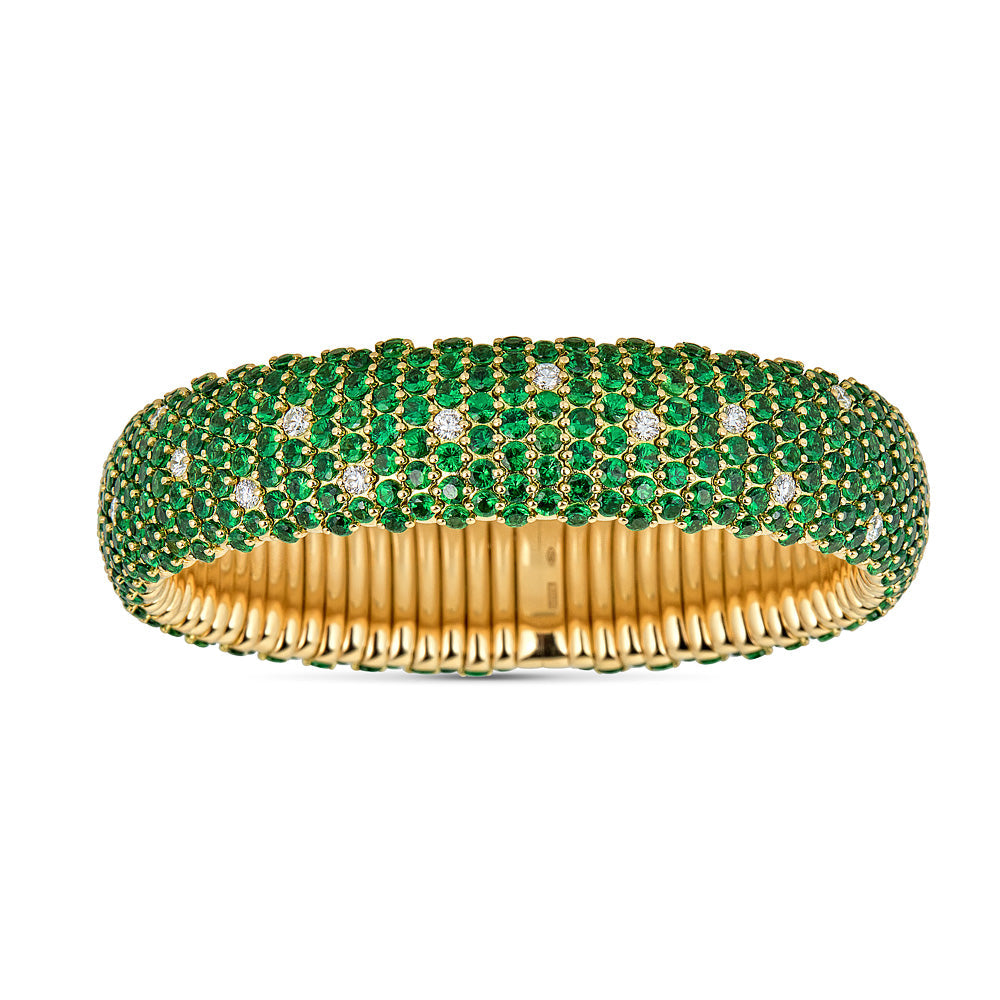 Zydo mittelgroßes gewölbtes elastisches Tsavorit-Armband mit Gelbgold-Diamanten 59004