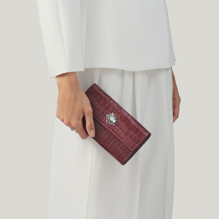 Giovanni Raspini kontinentales Portemonnaie Jungle Croco Burgundy Leder Portemonnaie aus Leder und weißer Bronzedekoration L0033