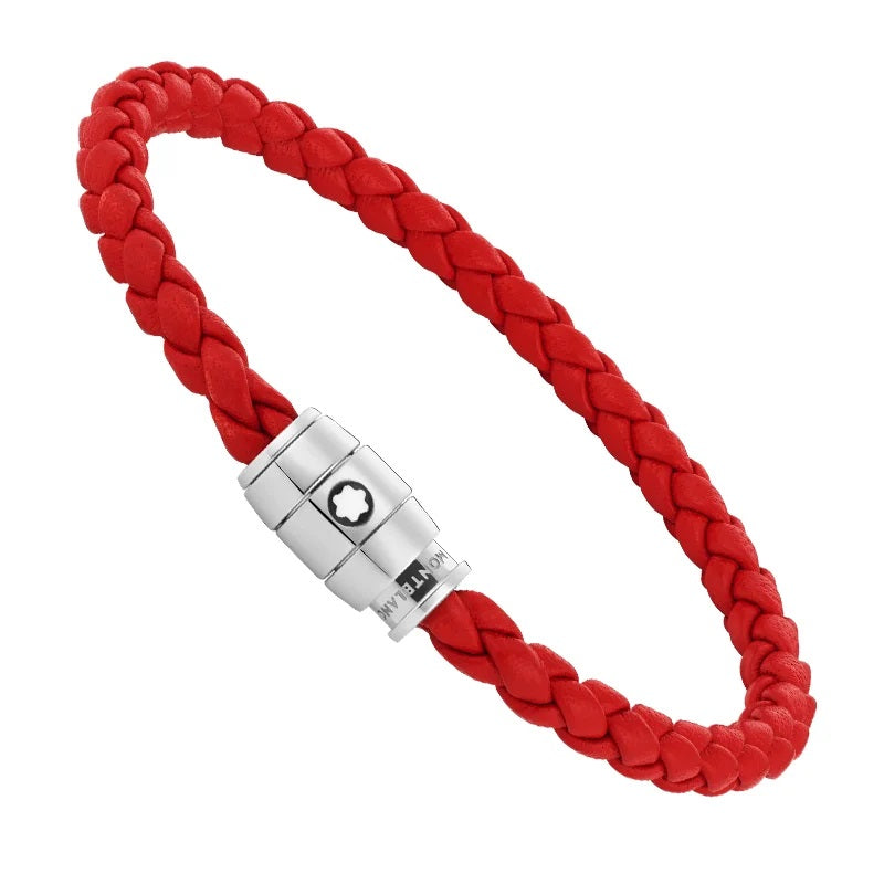 Montblanc bracciale in acciaio con chiusura a 3 anelli e pelle rossa misura L 13090368