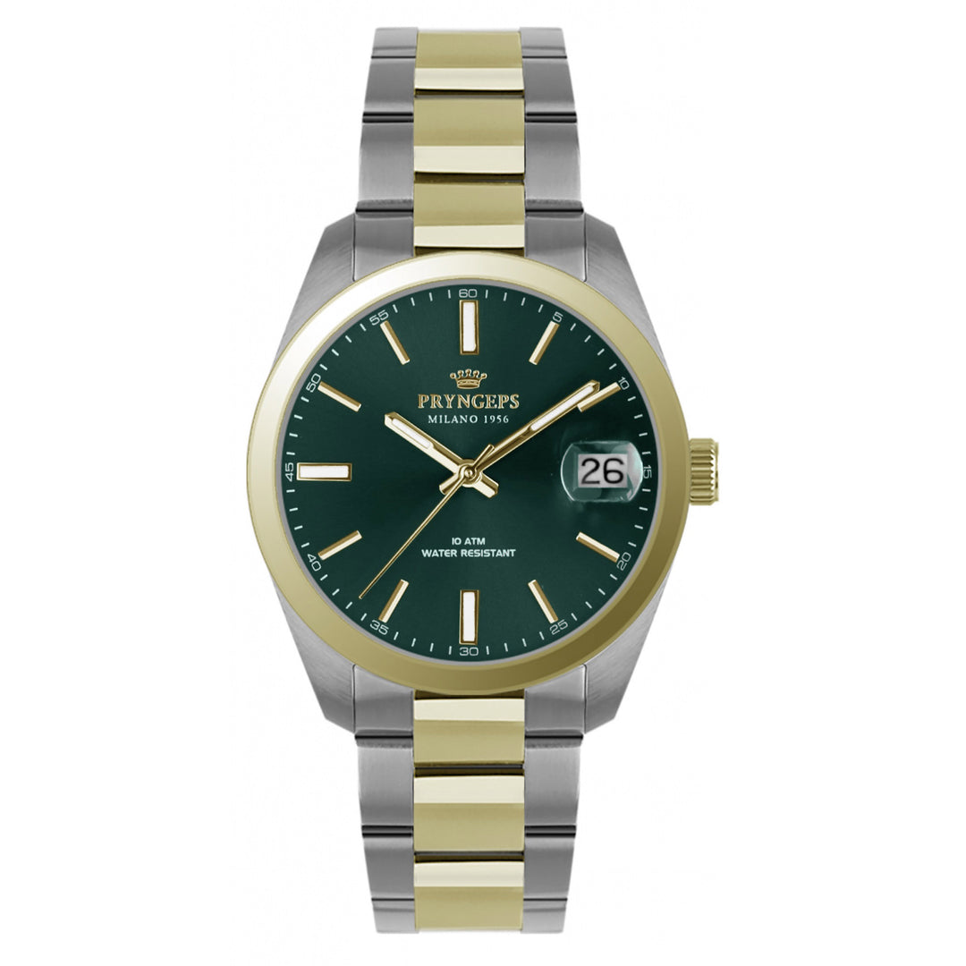 Zegarek Pryngeps Torino 33 mm zielona stal kwarcowa wykończenie PVD żółte złoto A1072-B VE