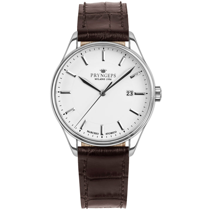 Montre homme Pryngeps Slim Classic 41mm acier quartz blanc A1214 BI