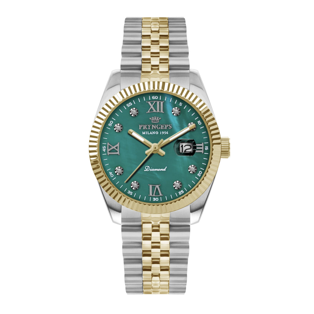 Pryngeps orologio Erre X 32mm madreperla verde diamanti quartz acciaio finiture oro giallo A822/2BQB MP VE