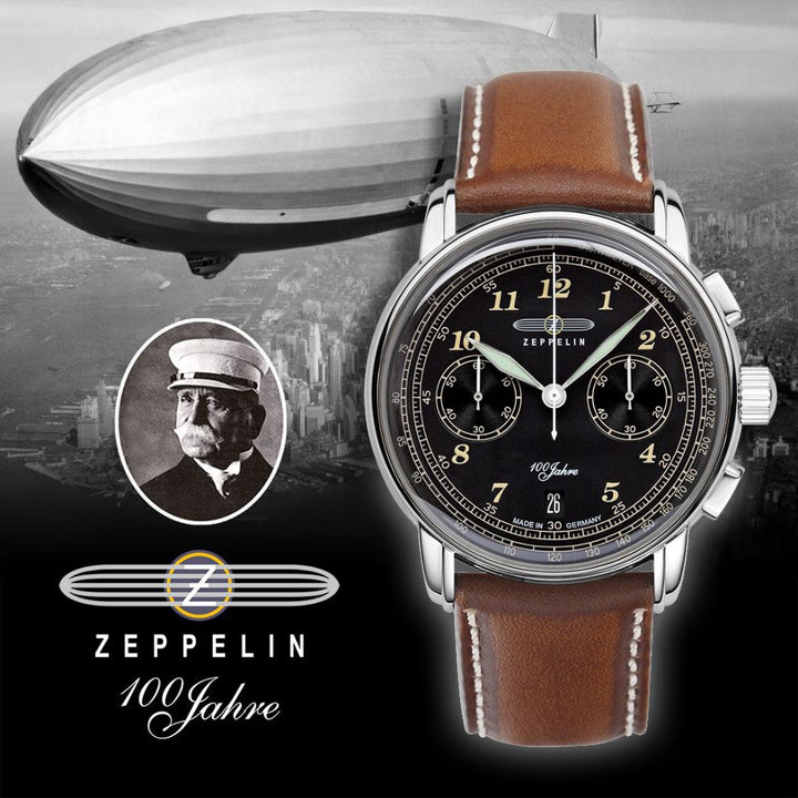 Zeppelin watch 100 Years Zeppelin Chrono 42mm black quartz steel 7674-3
