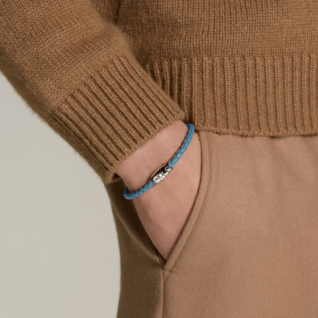Bracelet Montblanc 3 anneaux en acier et cuir Meisterstück Blue Fumè taille S 13429360