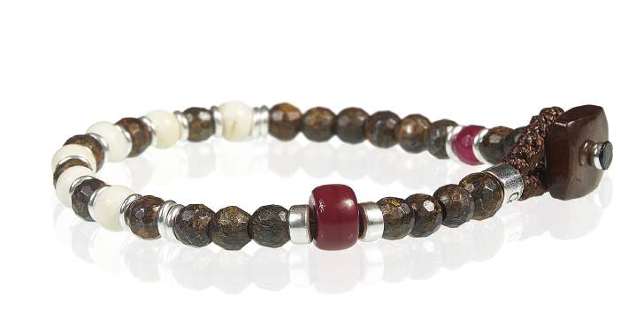 Gerba bracelet made with waxed thread, semi-precious stones, ceramics, murrine, bone and ag WBROWN01