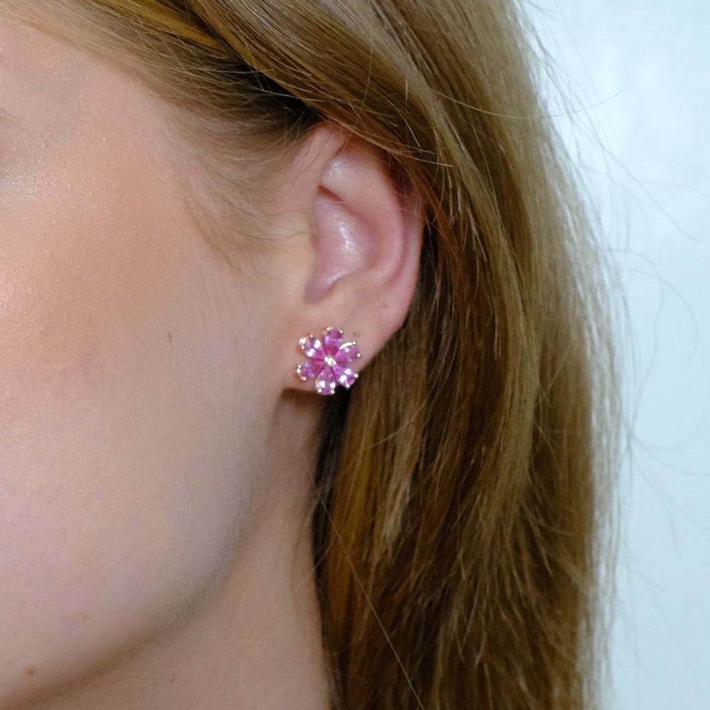 Blumenförmige Zydo-Ohrringe mit farbigen Edelsteinen und Diamanten, Roségold, rosa Saphir 62225