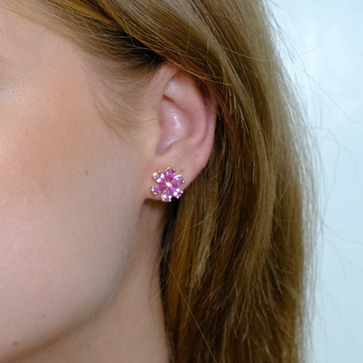 Blumenförmige Zydo-Ohrringe mit farbigen Edelsteinen und Diamanten, Roségold, rosa Saphir 62225