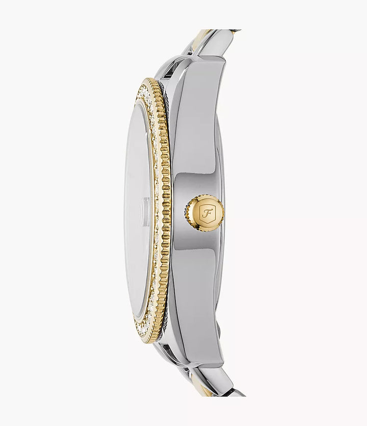 Fossile Scarlette-Uhr, 33 mm, silberner Quarzstahl, PVD-Gelbgold-Finish, ES4319
