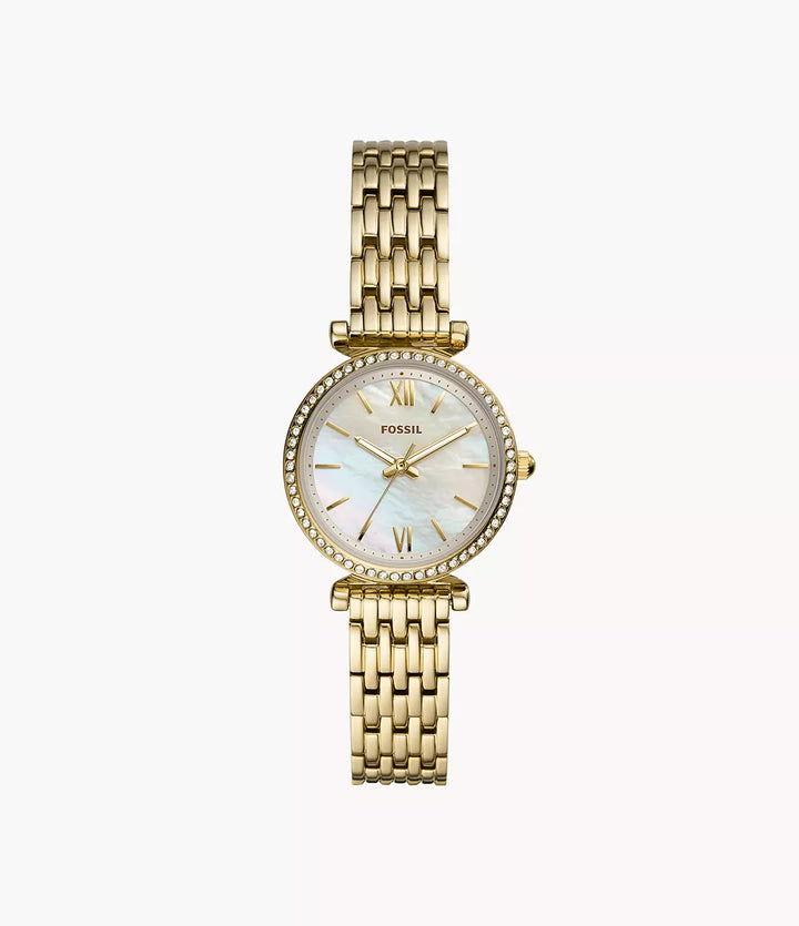 Montre Fossil Carlie Mini Mini 28mm nacre quartz acier finition PVD or jaune ES4699