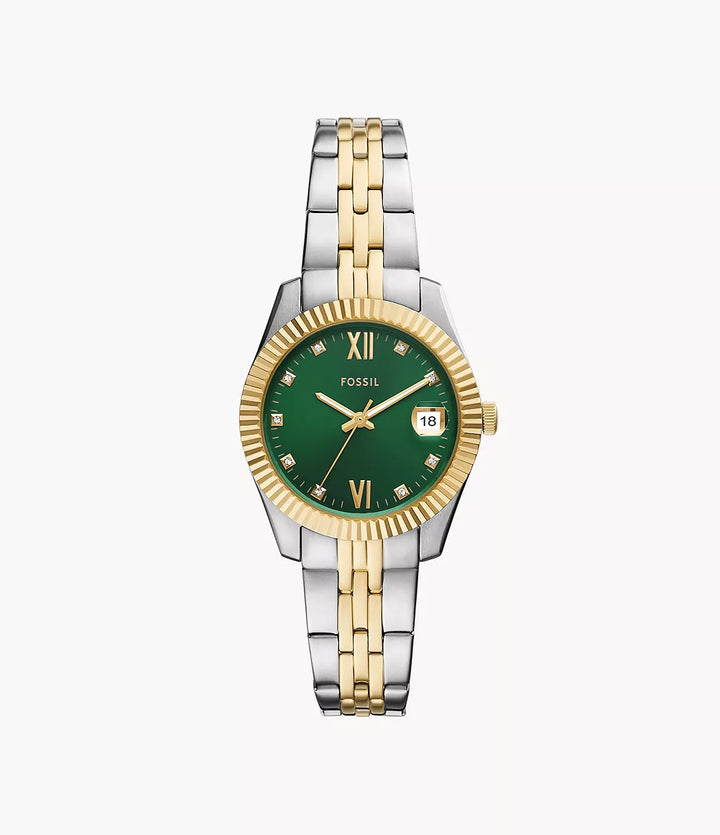 Montre Fossil Scarlette 33mm acier quartz vert finition PVD or jaune ES5388