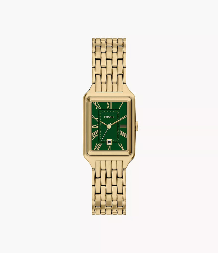 Montre Fossil Raquel 23mm acier quartz vert finition PVD or jaune ES5452