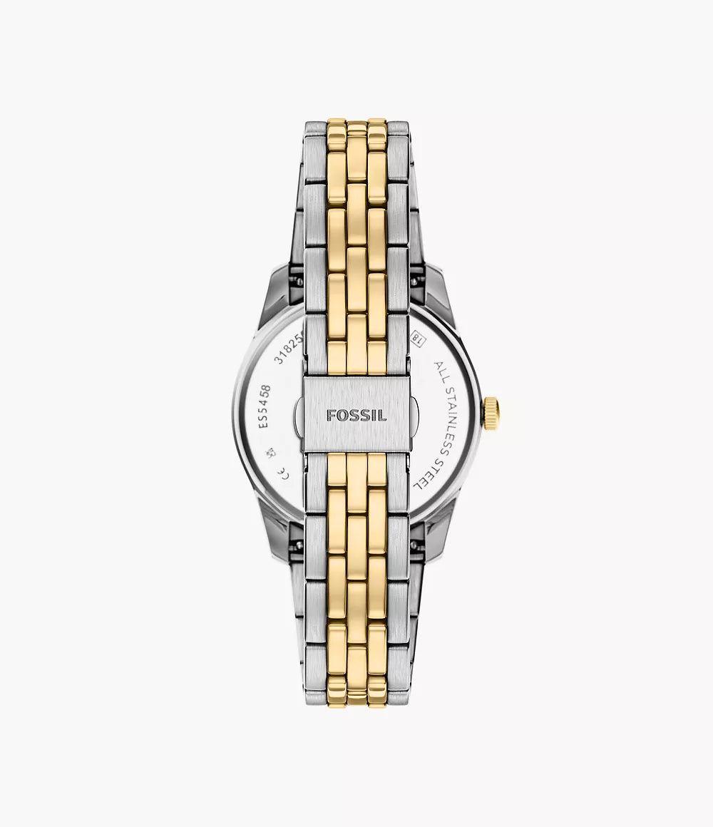 Fossile Scarlette-Uhr, 34 mm, schwarzer Quarzstahl, PVD-Gelbgold-Finish, ES5458