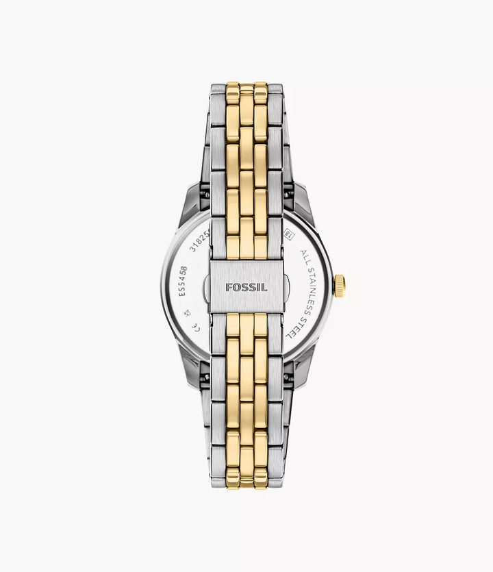 Fossile Scarlette-Uhr, 34 mm, schwarzer Quarzstahl, PVD-Gelbgold-Finish, ES5458