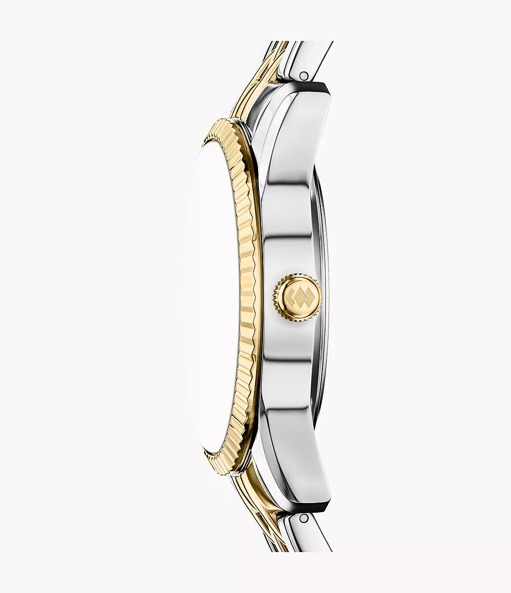Fossile Scarlette-Uhr, 34 mm, schwarzer Quarzstahl, PVD-Gelbgold-Finish, ES5458