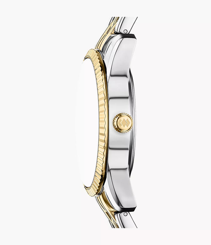 Fossile Scarlette-Uhr, 34 mm, schwarzer Quarzstahl, PVD-Gelbgold-Finish, ES5458