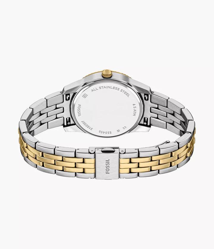 Fossile Scarlette-Uhr, 34 mm, schwarzer Quarzstahl, PVD-Gelbgold-Finish, ES5458