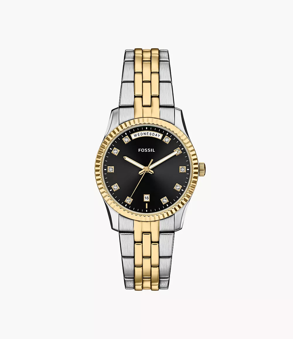 Fossile Scarlette-Uhr, 34 mm, schwarzer Quarzstahl, PVD-Gelbgold-Finish, ES5458
