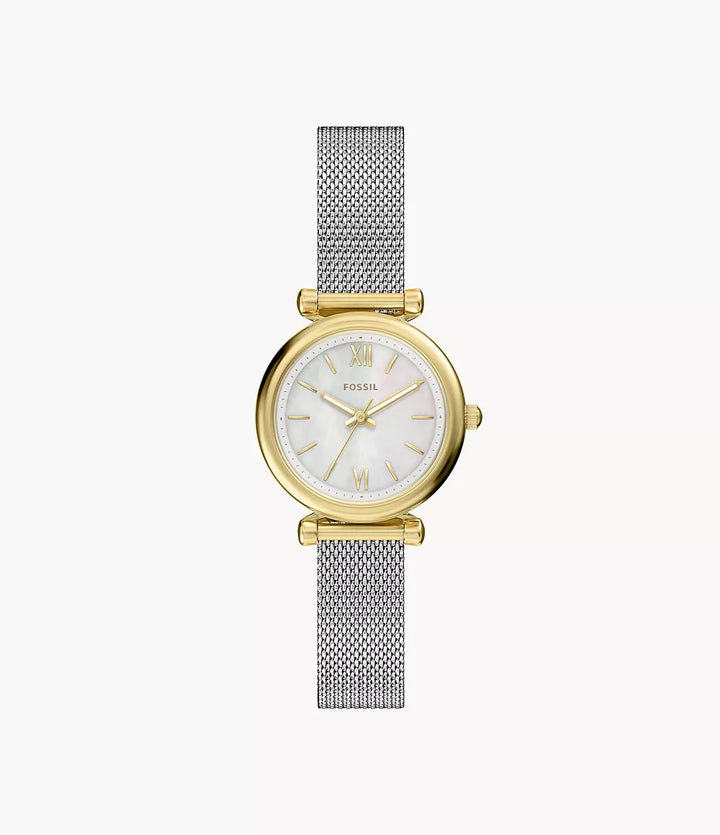 Montre Fossil Carlie Mini Mini 28mm nacre quartz acier finitions PVD or jaune ES5463