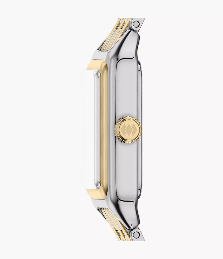 Fossile Uhr Raquel Mini 18 mm, silberner Quarzstahl, PVD-Gelbgold-Finish, ES5468