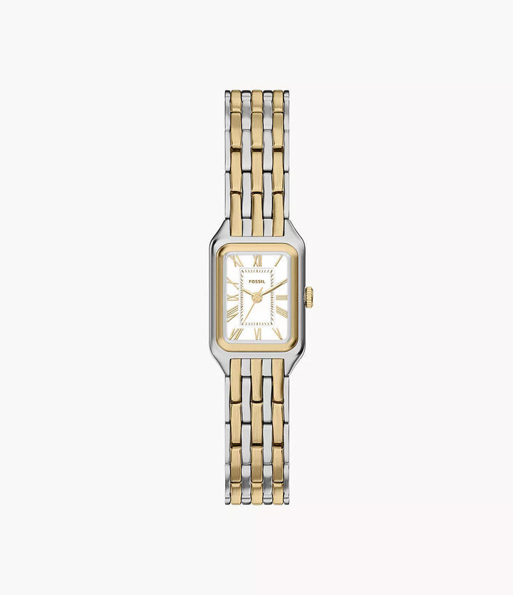 Fossile Uhr Raquel Mini 18 mm, silberner Quarzstahl, PVD-Gelbgold-Finish, ES5468