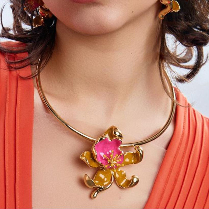Federica Rossi Collier ras de cou rigide Orchid Flower finition bronze PVD émail or 18 carats FR.GI.26