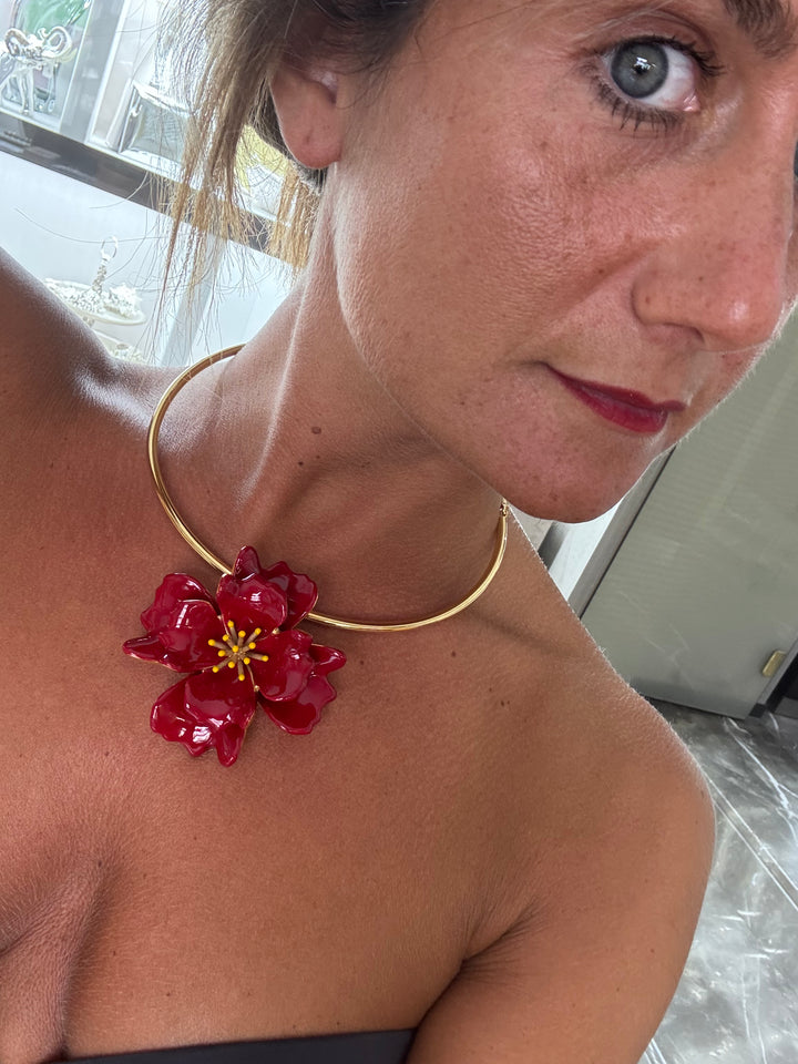 Federica Rossi Flower choker necklace 8 petals bronze PVD finish 18kt yellow gold red enamel FR.CO.29