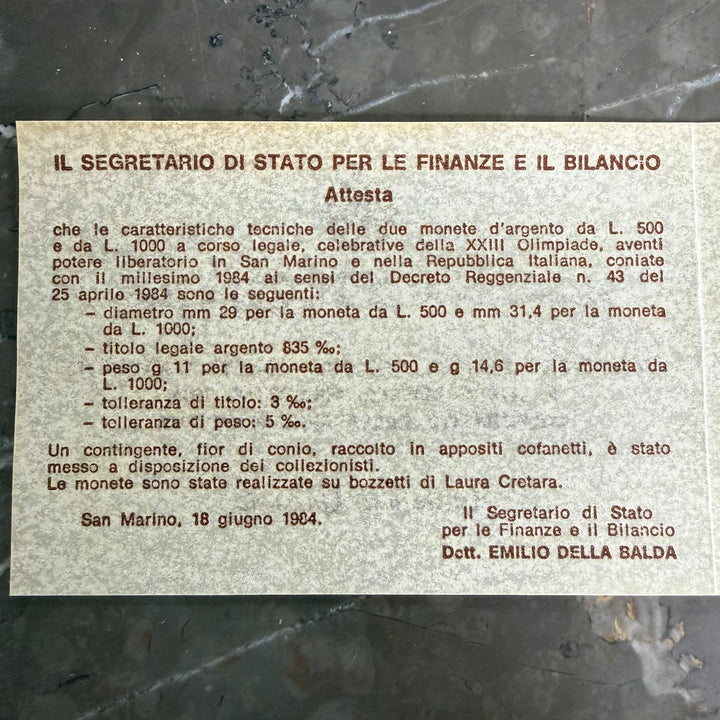 Monete in argento 500 1000 Lire Repubblica di San Marino XXIII Olimpiade 1984