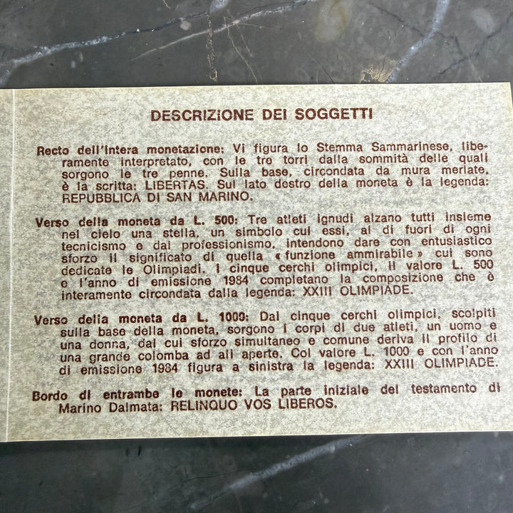 Monete in argento 500 1000 Lire Repubblica di San Marino XXIII Olimpiade 1984