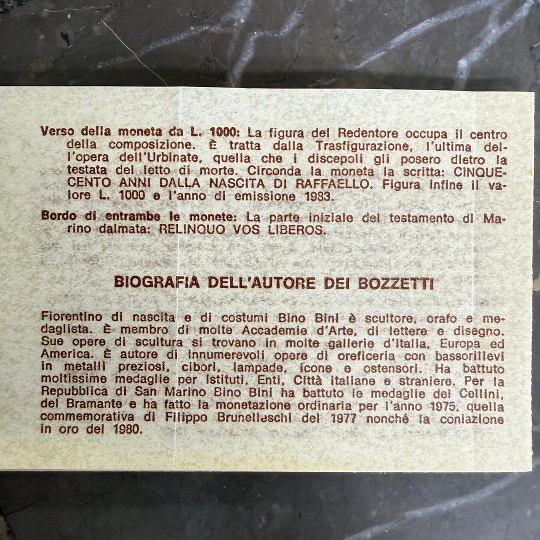 Monnaies en argent 500 1000 Lire République de Saint-Marin V Centenaire de naissance Raffaello Sanzio 1983