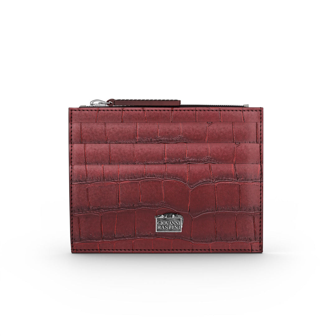 Porte-cartes Giovanni Raspini avec zip cuir croco bordeaux argent 925 L0030