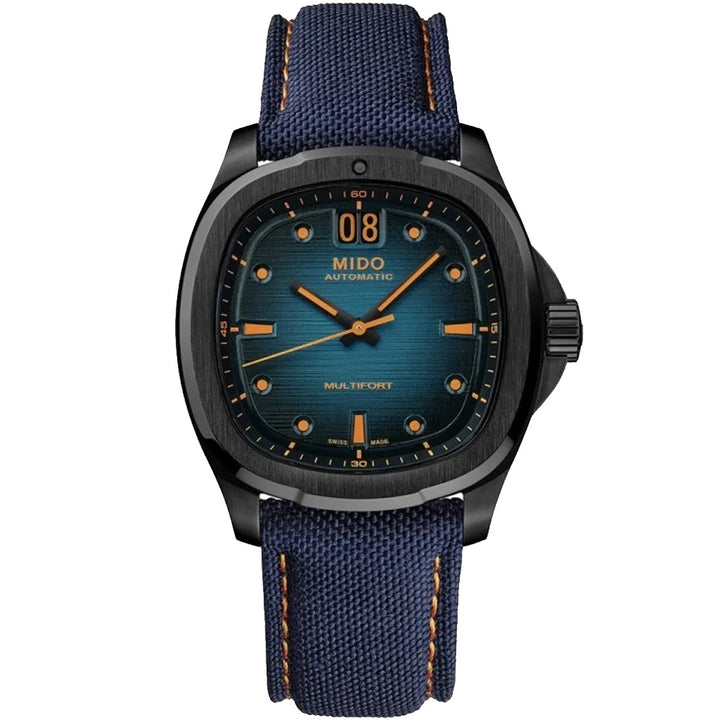 Mido Uhr Multifort TV Big Date 39x40mm blau Automatik Stahl schwarz PVD-Finish M049.526.37.041.00