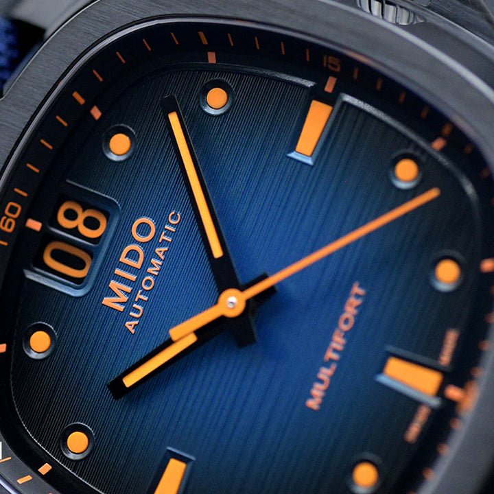 Mido Uhr Multifort TV Big Date 39x40mm blau Automatik Stahl schwarz PVD-Finish M049.526.37.041.00