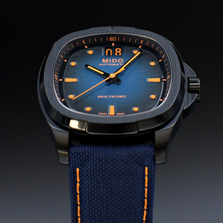 Mido Uhr Multifort TV Big Date 39x40mm blau Automatik Stahl schwarz PVD-Finish M049.526.37.041.00