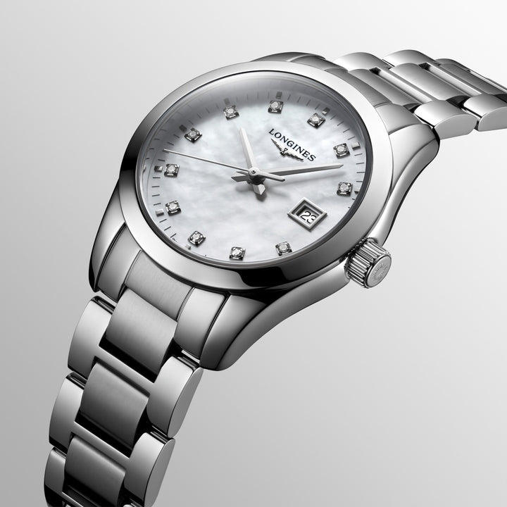 Montre Longines Conquest Classic 29mm nacre diamants quartz acier L2.286.4.87.6
