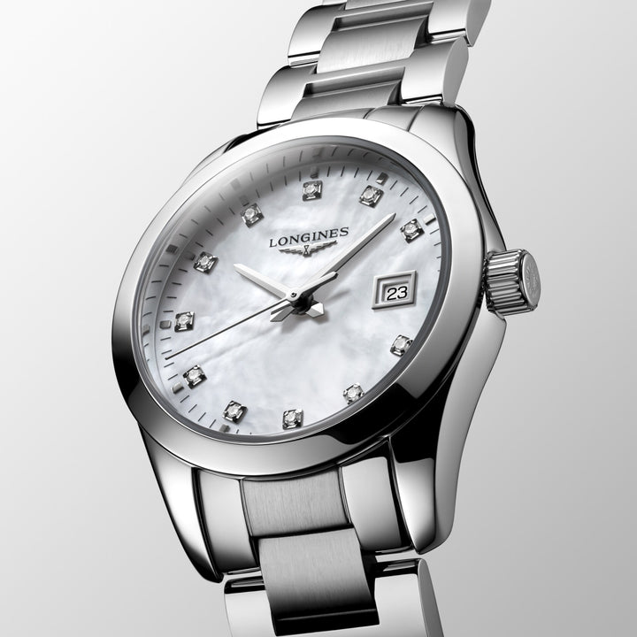 Montre Longines Conquest Classic 29mm nacre diamants quartz acier L2.286.4.87.6