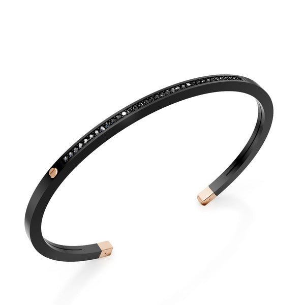 Sklavenarmband der World Diamond Group aus schwarzem Titan mit einer Reihe schwarzer Diamanten und Einsätzen aus 18-karätigem Roségold GBR036O3BKNE