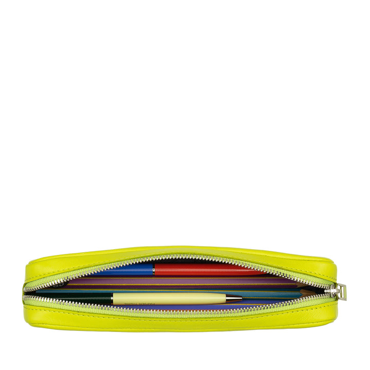 DUDU Genuine Leather Pencil Case with Zip, Pen Holder, Small 18x3cm, Compact and Colorful
