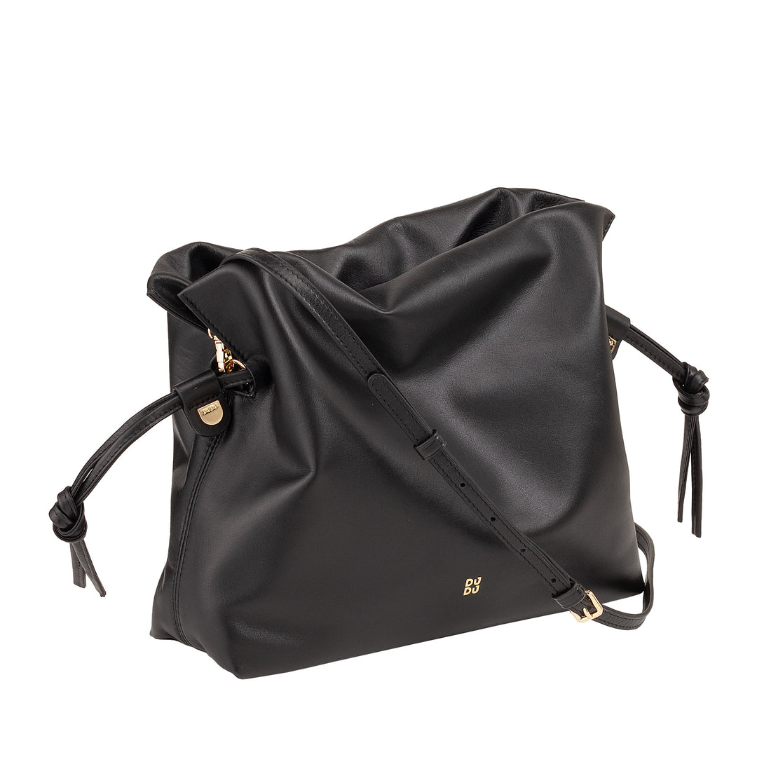 DUDU Damen-Ledertasche mit Kordelzugverschluss – Elegante, kompakte und praktische Umhängetasche für jeden Anlass mit verstellbarem Riemen