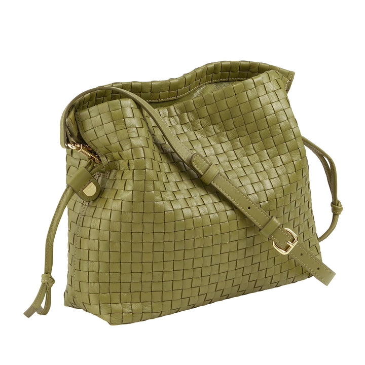 DUDU Damen-Umhängetasche aus gewebtem Leder mit Kordelzug, weich und geräumig, verstellbarer Schultergurt, Magnetverschluss, eleganter und handwerklicher Stil