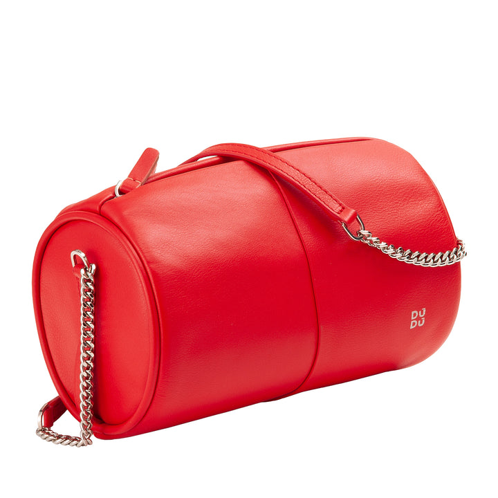 DUDU Zylindrische Damen-Ledertasche, Umhängetasche mit Kette und Leder, elegante, modische kleine Zylindertasche mit Reißverschluss
