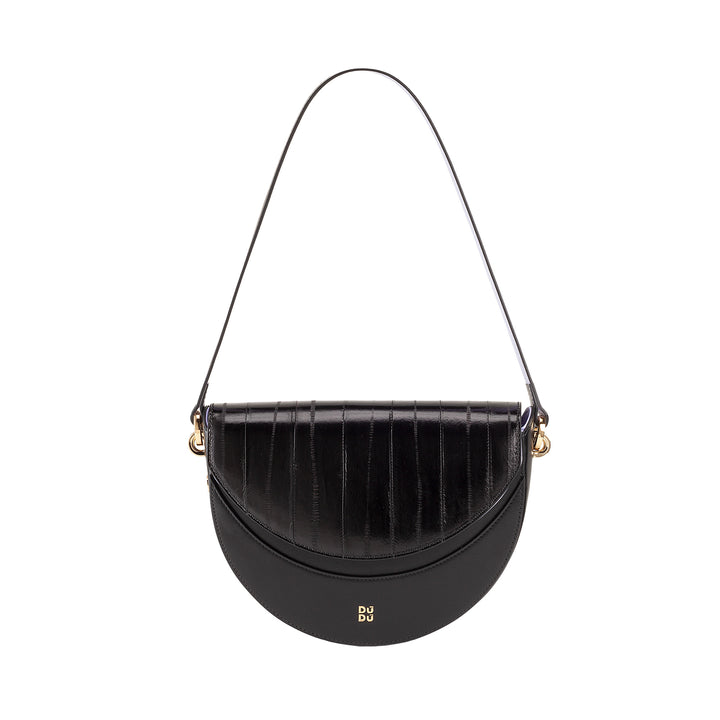 DUDU Damen-Umhängetasche aus echtem Leder, starrer Halbmond, hergestellt in Italien, Handtasche mit Klappe und doppeltem Schultergurt, Magnetverschluss