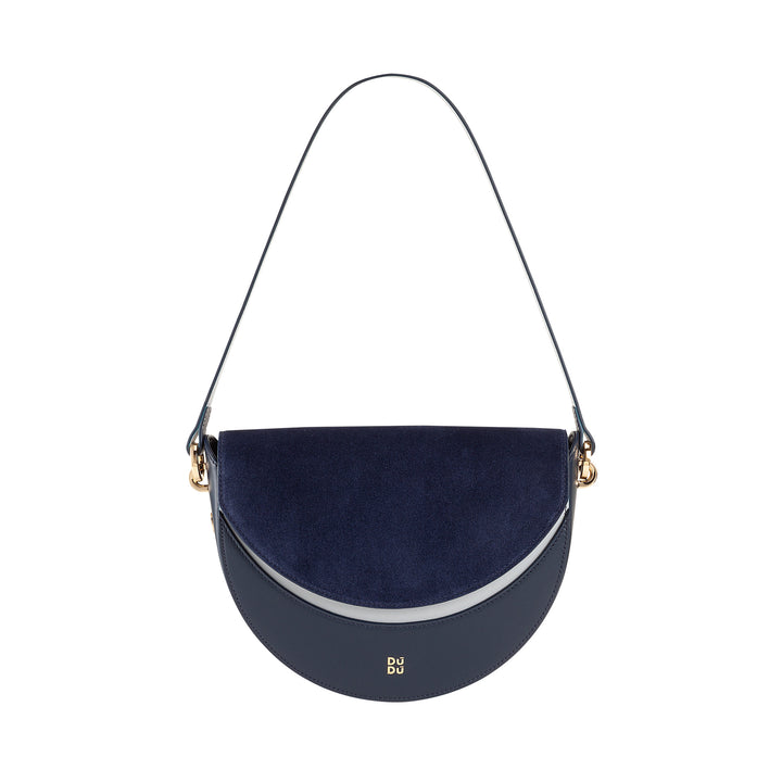 DUDU Sac Bandoulière pour Femme en Cuir Véritable, Croissant Rigide, Fabriqué en Italie, Sac à Main avec Rabat et Double Bandoulière, Fermeture Magnétique