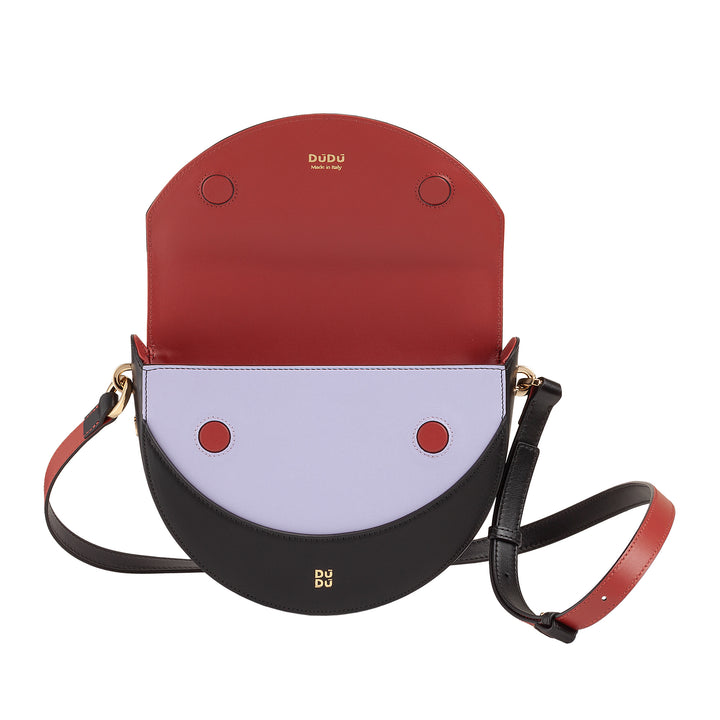 DUDU Damen-Umhängetasche aus echtem Leder, starrer Halbmond, hergestellt in Italien, Handtasche mit Klappe und doppeltem Schultergurt, Magnetverschluss